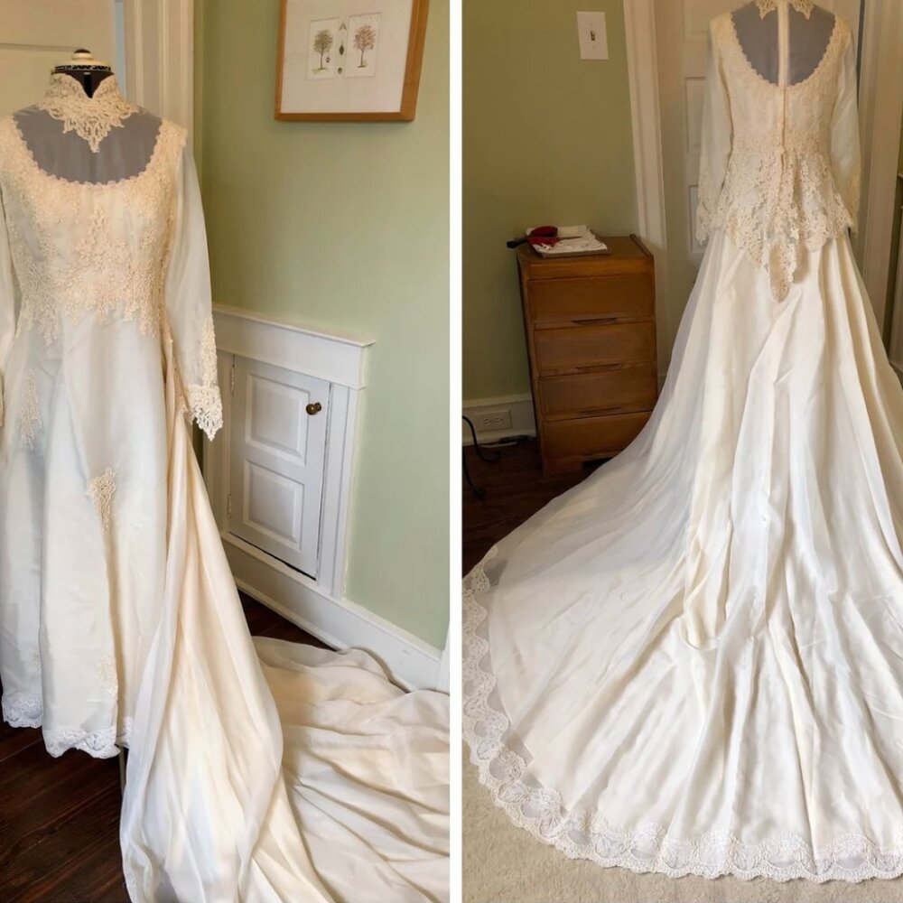70s Ivory Long Sheer Chiffon Sleeved Wedding Dress with Floral Alencon Lace Appl